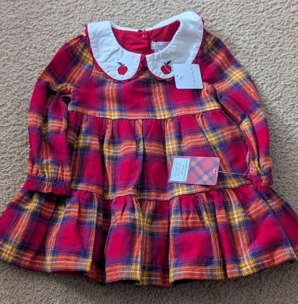 New With Tags Tahari Red Plaid Apple Collared Ruffle Long Sleeve Dress Size 12M